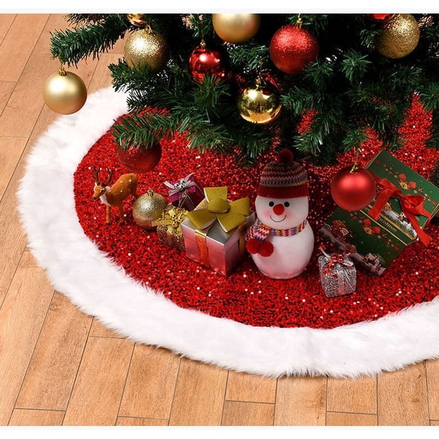 JM Falda roja para árbol de Navidad de 36 pulgadas, tela de lentejuelas de felpa, falda para árbol de Navidad, delantal inferior para árbol de Navidad, falda decorada para árbol de Navidad JM