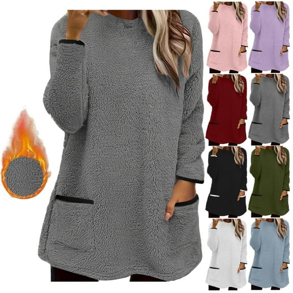 XUNKUSGA Womens Loungewear Solid Color Warm Sherpa Lined Fleece Womens Tunic Tops Casual Loose Crewneck Long Sleeve Fall Sweatshirts for Women with Two Pockets S-2XL Blue