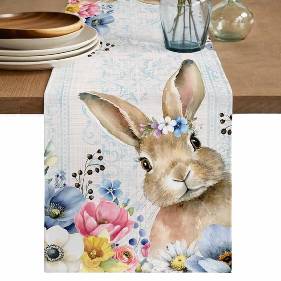 Table Runner 72 Inches Long for Kitchen Dining, Bunny Easter Dresser Scarf Farmhouse, Dining Table Decorations for Wedding/Parties, Spring Floral Blue Leaves Watercolor 16 x 72 In