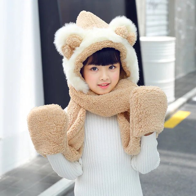 Cute Bear Children Hats with Ears Cartoon Plush Warm Girls Cap Long Hat Earmuff kid Scarf Gloves,Christmas Hats kids Scarves