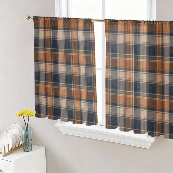 Orange Blue Plaid Semi Sheer Curtains 45 Inch Length 2 Panels Set, Farmhouse Checkered Buffalo Fall Sheer Kitchen Curtain Privacy Voile Window Curtain for Living Room Bedroom Rod Pocket Drapes