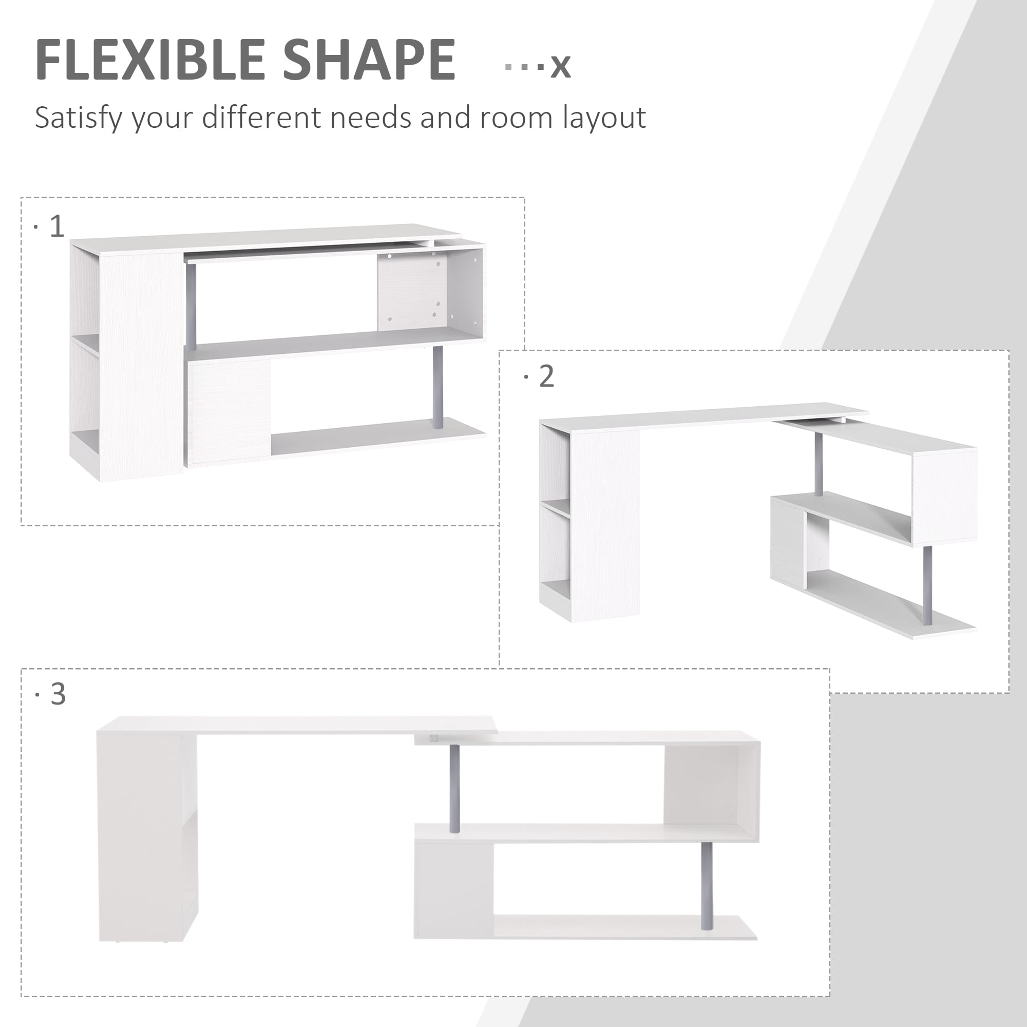 Office Desks 55" 360° Rotating Corner Computer Desk Modern L-Shaped Home Office Workstation with 3-Tier Storage Shelves, Bookshelf, White,Wooden Office Desks