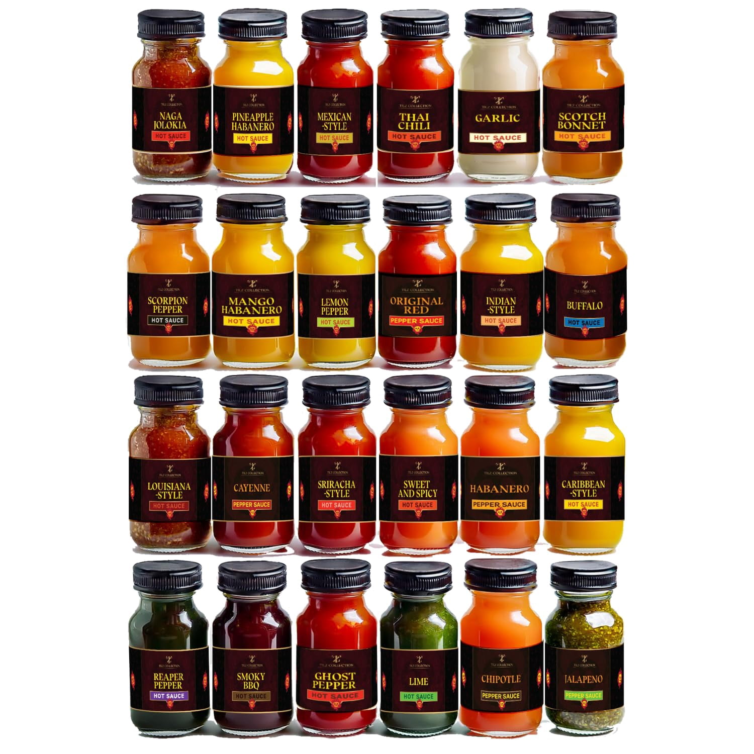 Tilz, Hot Sauce Gift Sets |24 Hot Sauce Bottles, Sampler, Chilli Sauce, Food Gifts For Men |Sriracha, Jalapenos, Garlic, Cayenne Pepper, ⁠Scotch Bonne, ⁠BBQ, Chipotle | Gifts for Men, Women