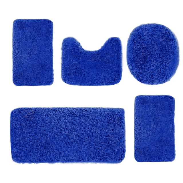 Ohufall 5 Piece Solid Color Long Hair Bath Mat Set Non Slip Soft Toilet Rug Machine Washable Quick Dry