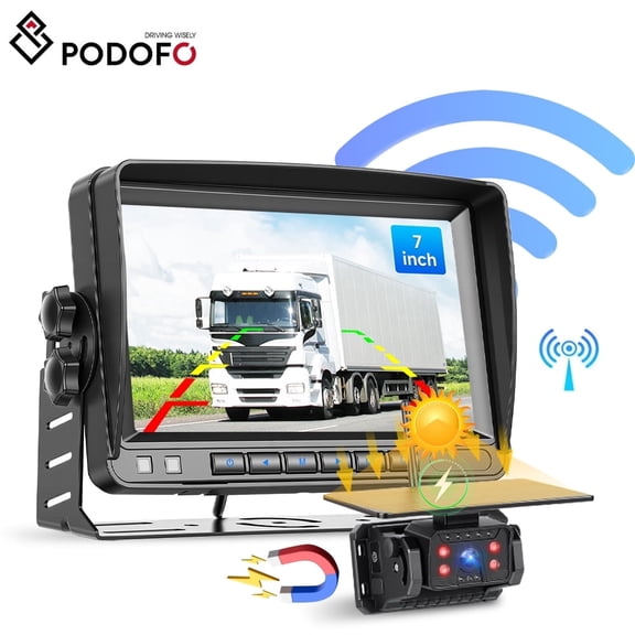 Podofo Digital Wireless Reversing Camera Set with 7 Inch IPS Monitor Wireless Solar-Powered Camera IP69 Waterproof Night Vision Two Video Input for Car SUV Van Truck 12-36V