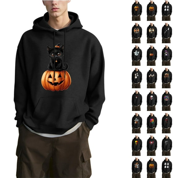 UVEASISHA Mens Oversized Graphic Hoodies Halloween Novelty Printed Hooded Sweatshirts Drop Shoulder Long Sleeve Pullover Tops with Kangaroo Pocket Black M