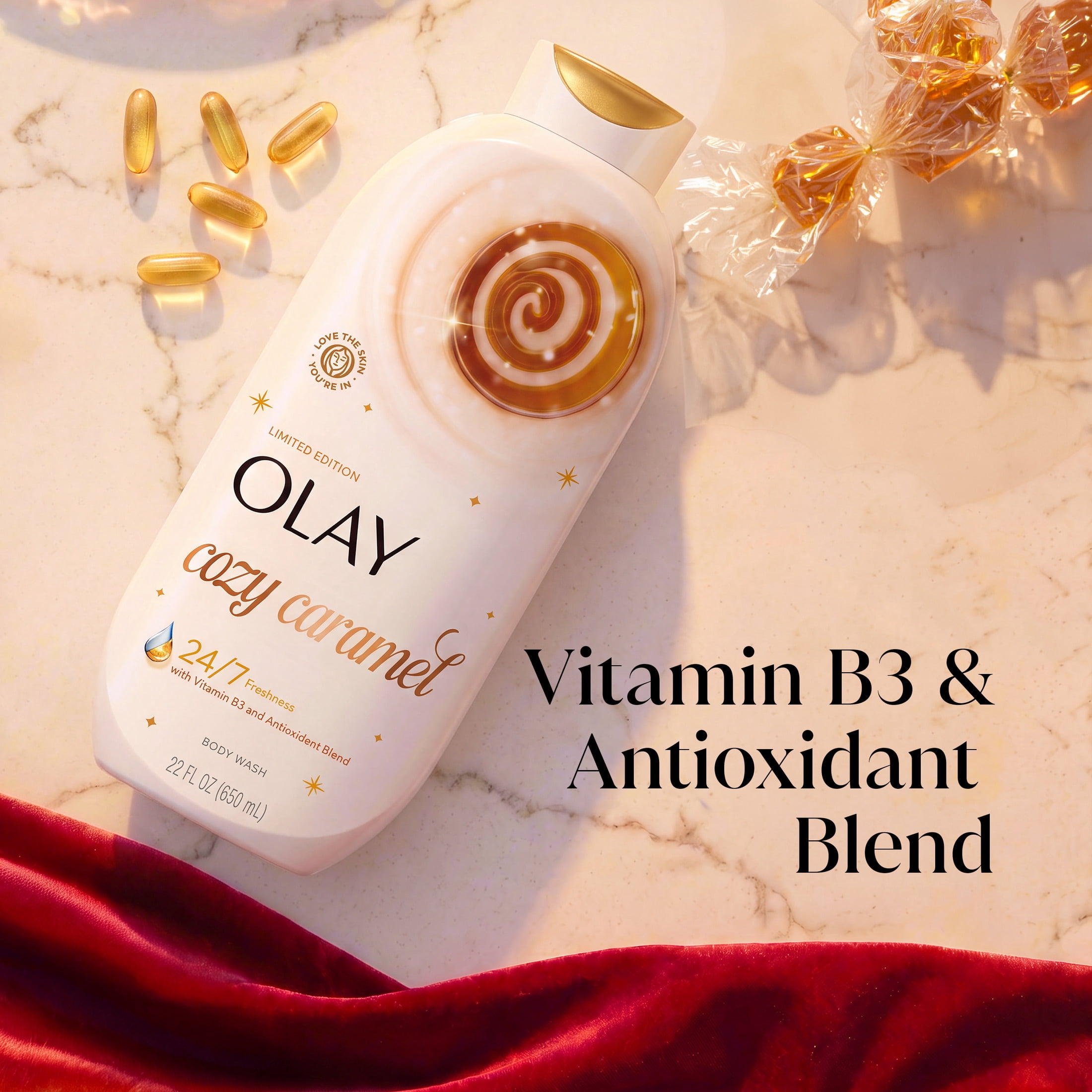 Olay Cozy Caramel Body Wash with Vitamin B3 and Antioxidant Blend, 24/7 Freshness, Limited Edition, 22 fl oz
