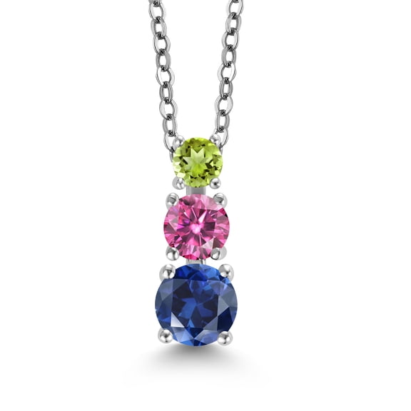 Gem Stone King Blue Created Sapphire Pink Moissanite Green Peridot 3 Stone Pendant Necklace for Women (0.95 cttw, Gemstone Birthstone, Round 5MM, 4MM and 3MM, with 18 inch Chain)