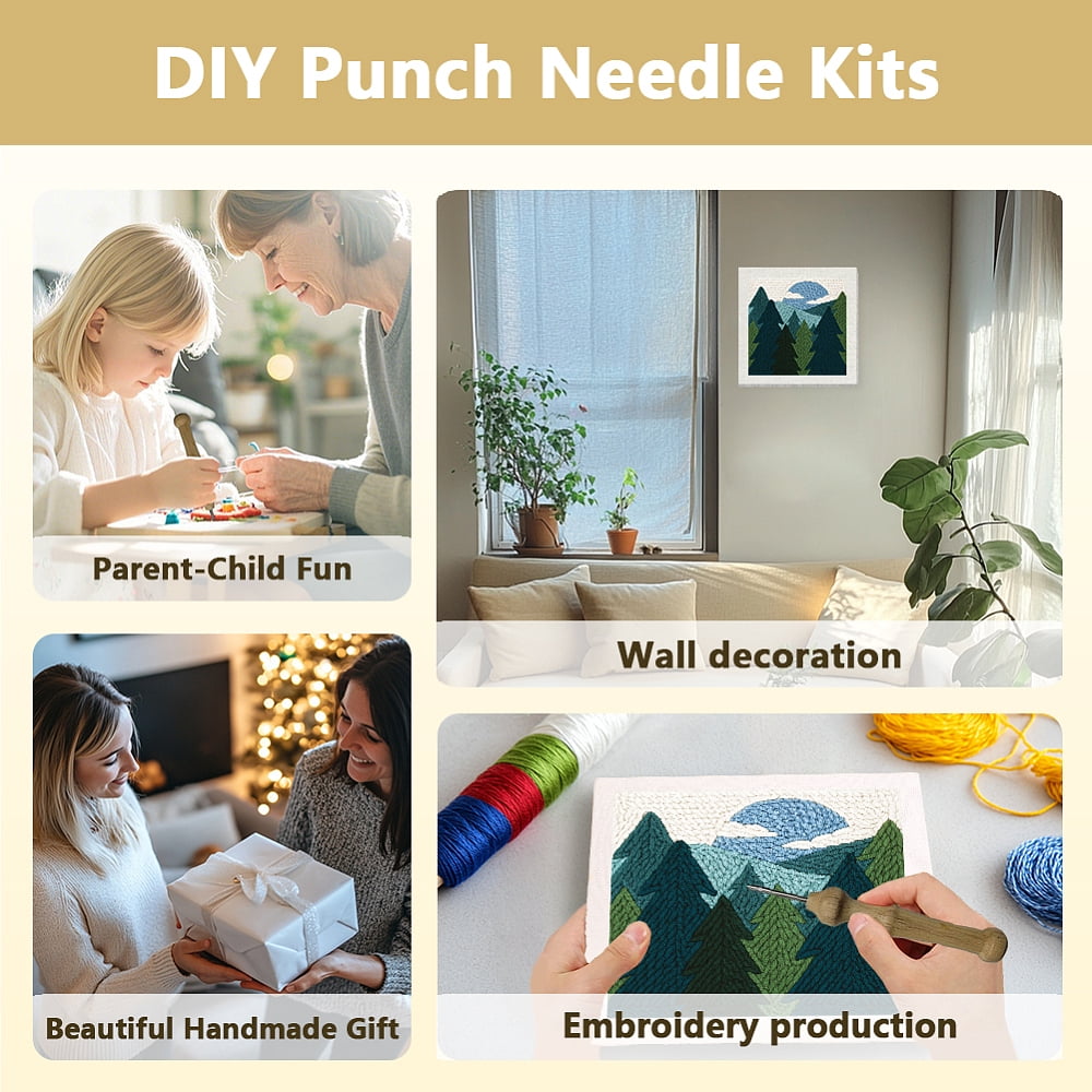 Polyester Cotton Punch Needle 8Folded Yarns Embroidery Kits Included Threader Cotton Thread Punch Needle Thread Clips 3.5MM Wooden Needle Tree