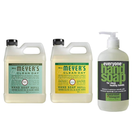 Mrs. Meyers Clean Day Liquid Hand Soap Refill, 1 Pack Basil, 1 Pack Honey Suckle, 33 OZ each include 1 12.75 OZ Bottle of Hand Soap Spearmint   Lemongrass