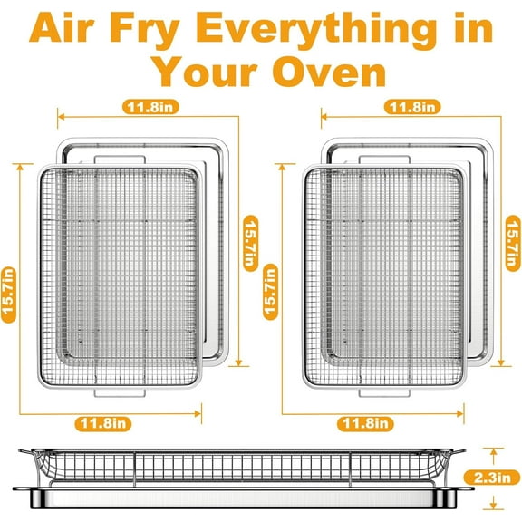 2-Pair Set Air Fryer Basket for Oven 15.7x11.8 Inches, Large Stainless Steel Crisper Tray and Pan Rack for Baking, Broiling, and Cooking