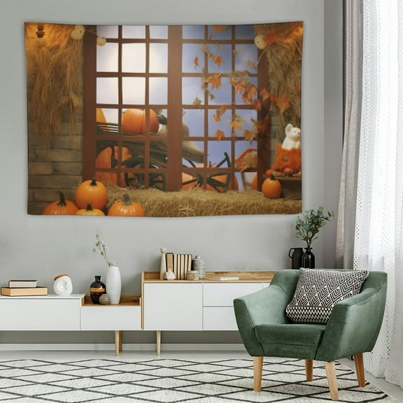 JRXY Fall Tapestry Wall Hanging Rustic Autumn Orange Pumpkin Maple Leaves Thanksgiving Tapestries Full Moon Crow Halloween Decor Blanket 60x40 Inches 60x40in