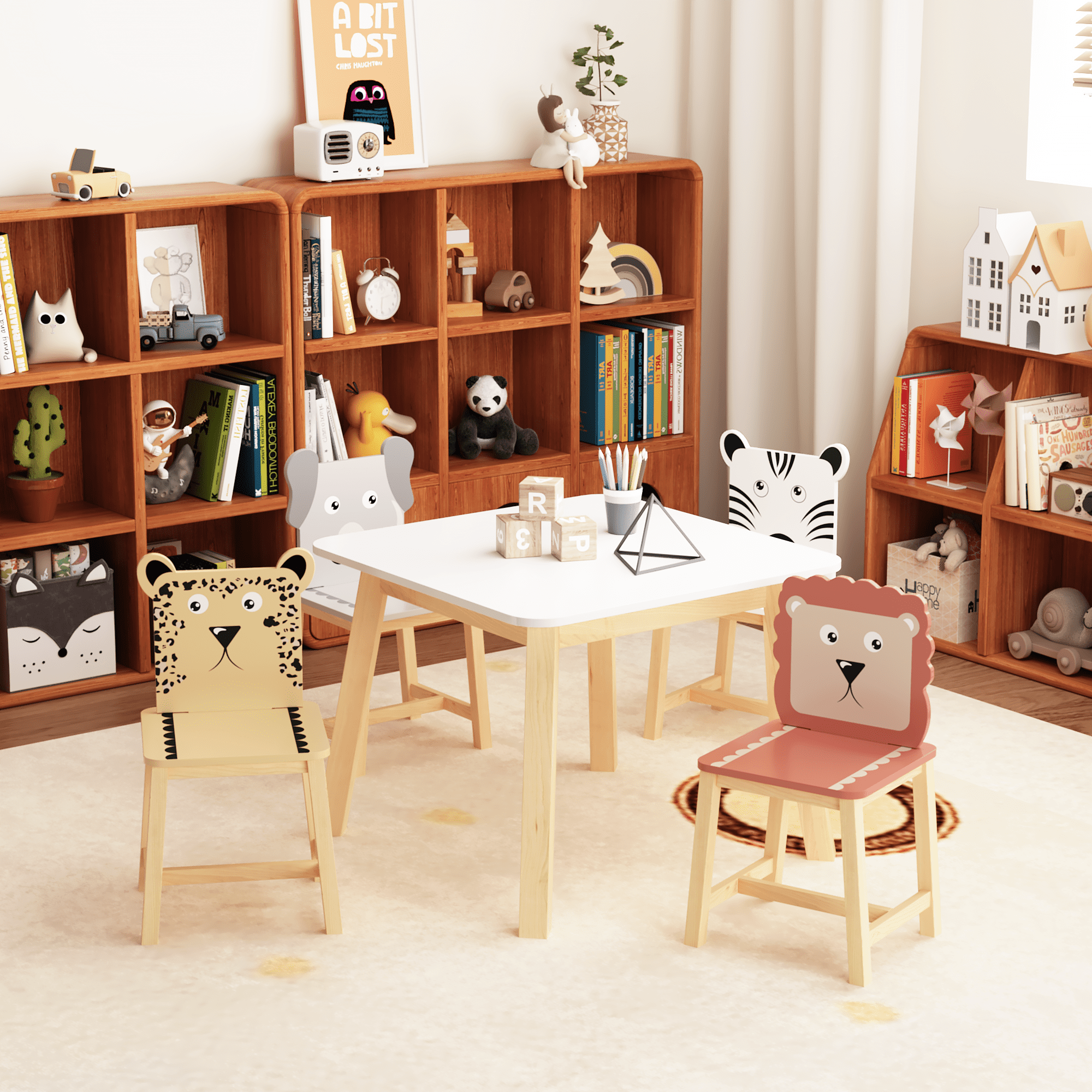 Kids Furniture 5 Piece Kiddy Table and Chair Set , Kids Wood Table with 4 Chairs Set Cartoon Animals (bigger table) (3-8 years old),Baby Furniture