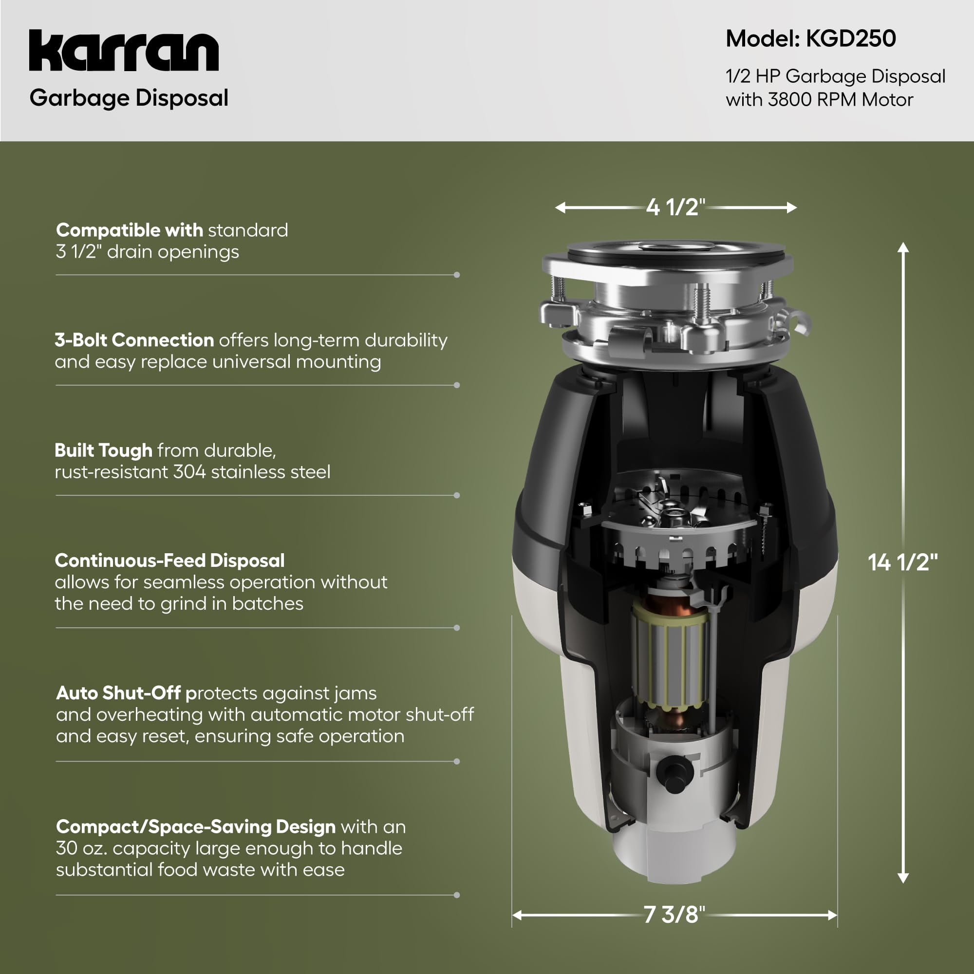 Karran 1/2 HP Garbage Disposal Quiet Continuous Feed 3800 RPM Stainless Steel Chamber
