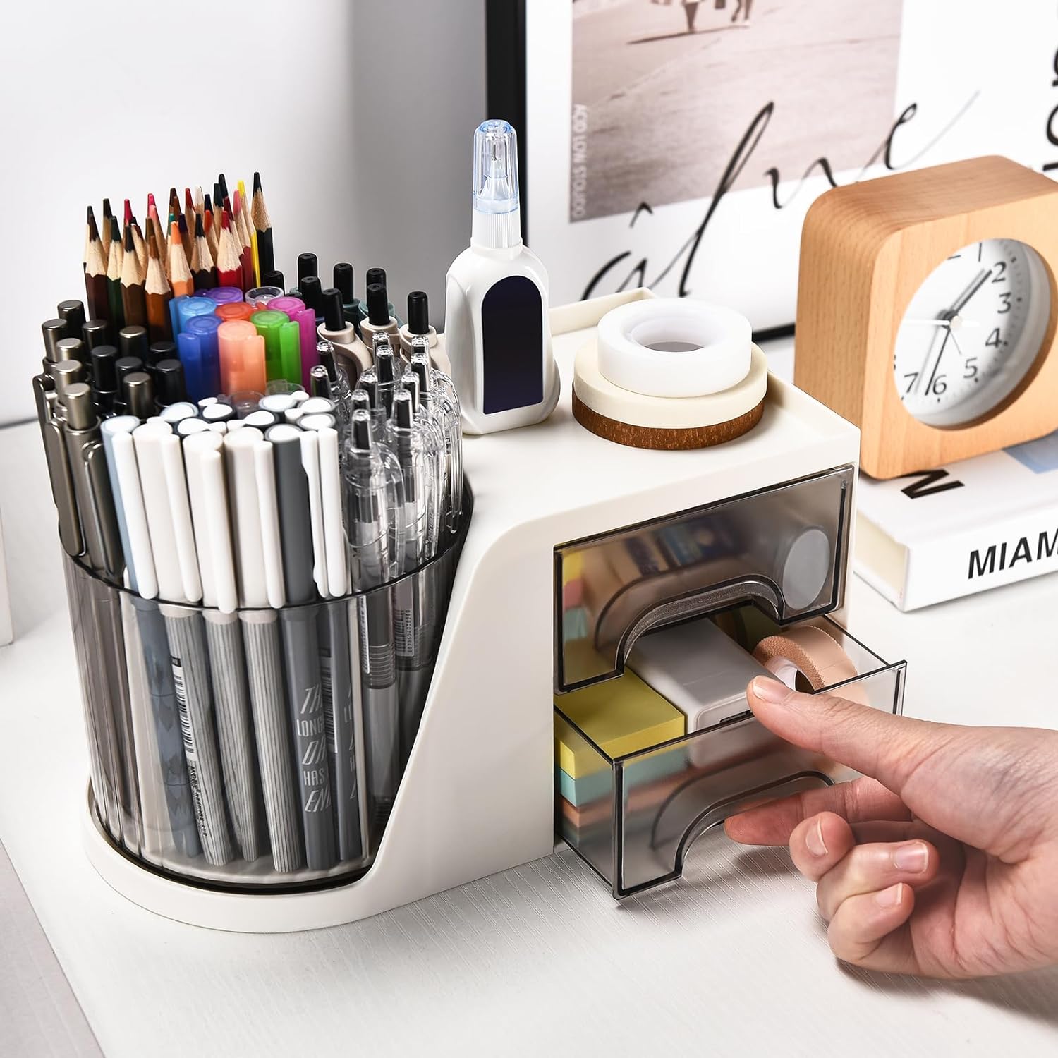 Rotating Desk Organizer with 2 Drawer, Pencil Pen Holder for Desk, Desk Organizers and Accessories with 4 Compartments + Drawer for Office Home Art Supplies (White)