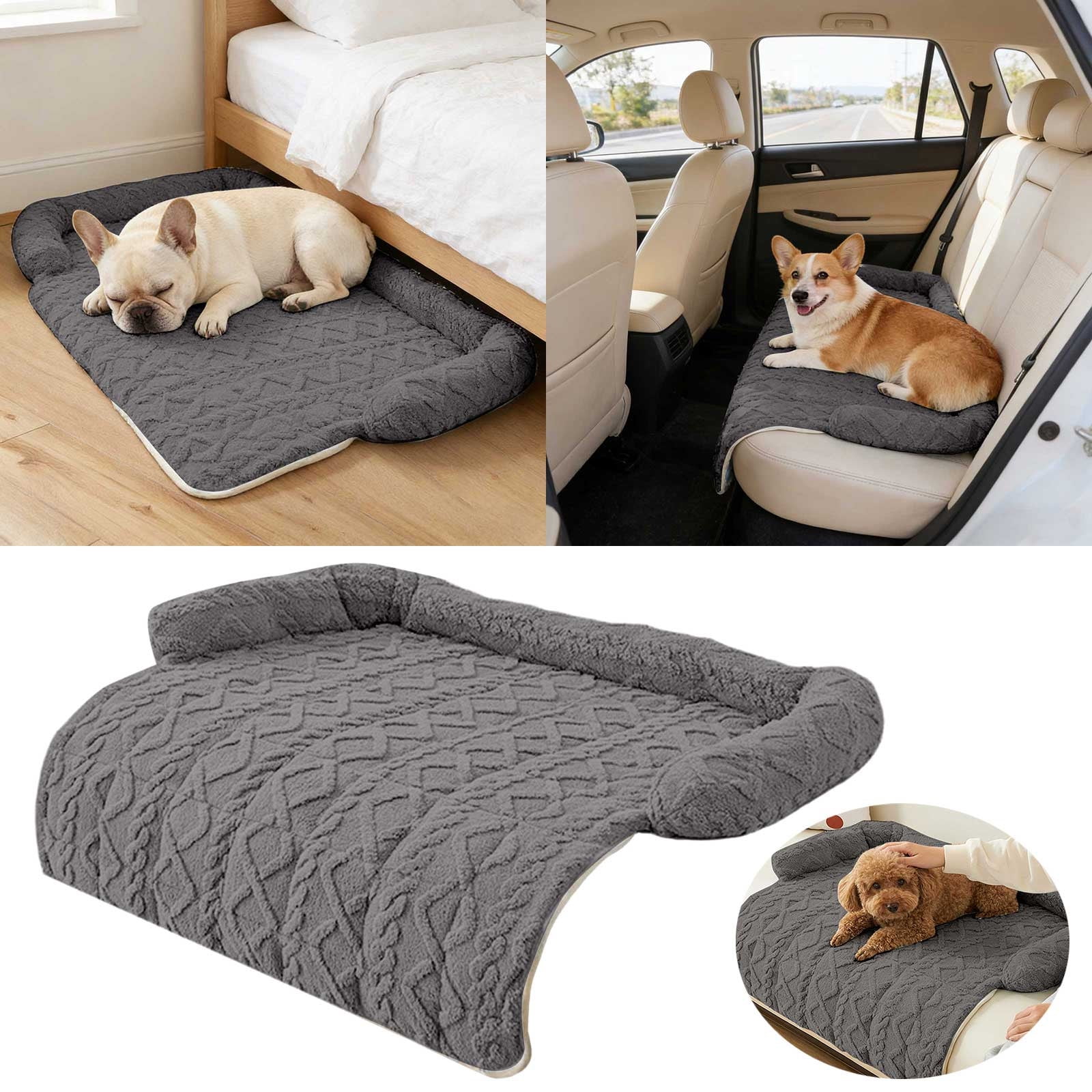 Funny Fuzzy Dog Bed & Sofa Protector - Reversible Plush Pet Couch Cover with Bolster, Calming Fluffy Mat for Dogs and Cats, Washable Furniture Guard