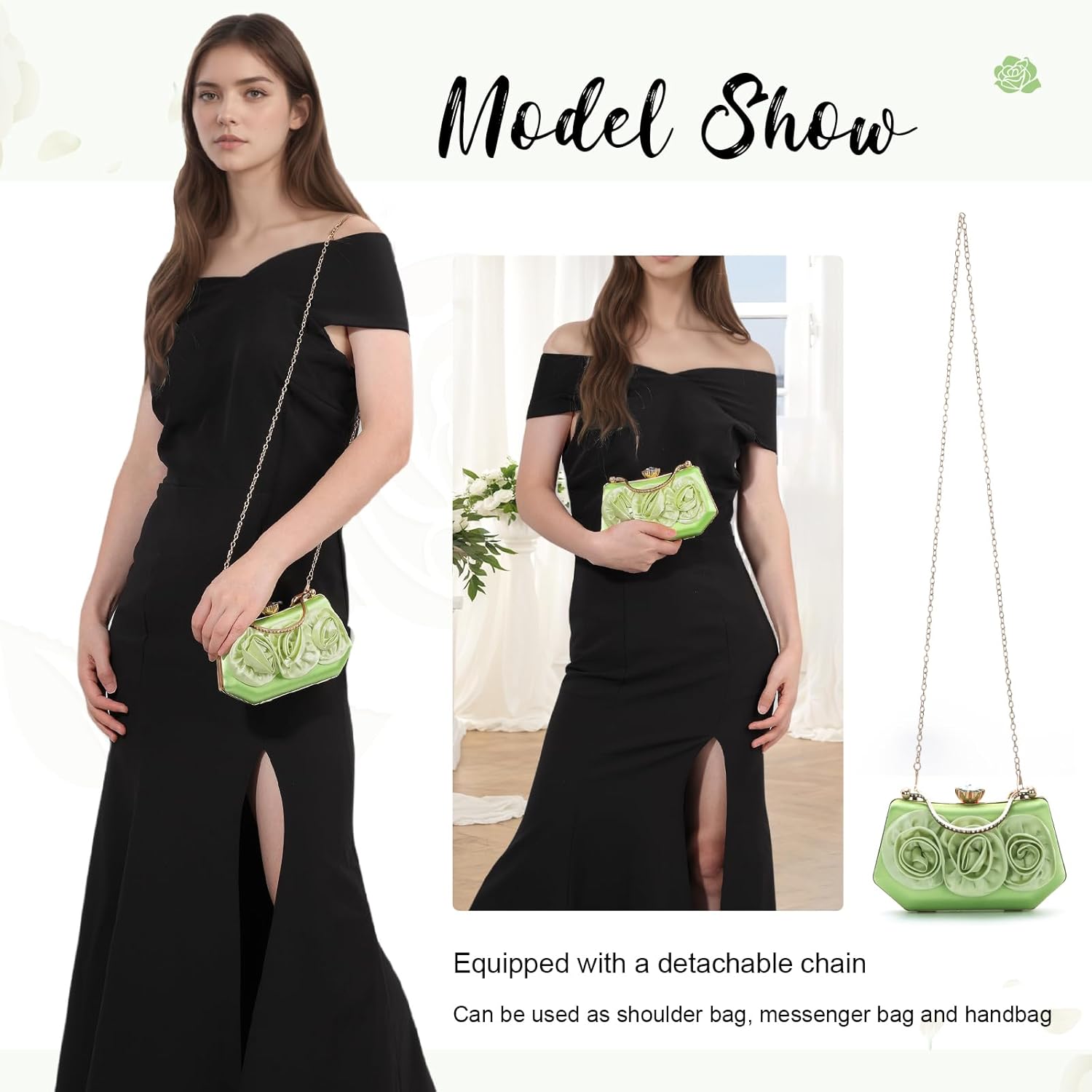 Women Flower Evening Handbag Satin Floral Clutch Purses Chain Strap Shoulder Bag