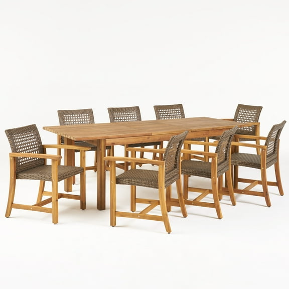 Phillip Outdoor 8 Seater Acacia Wood Dining Set with Expandable Table, Teak Finish, Mixed Mocha