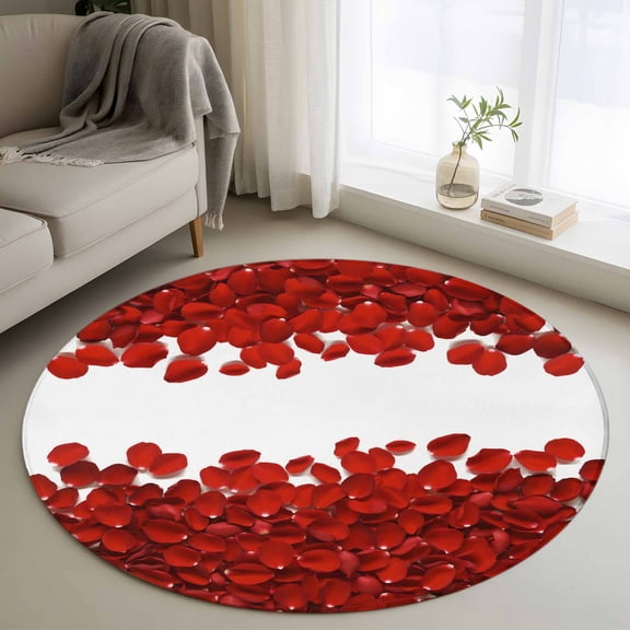 Round Rugs 3Ft, Red Rose Petals Round Area Rug Washable Indoor Throw Carpet, Valentine's Day Flowers Romance Small Non Slip Circle Rug for Bedroom Living Room Home Decor Aesthetic