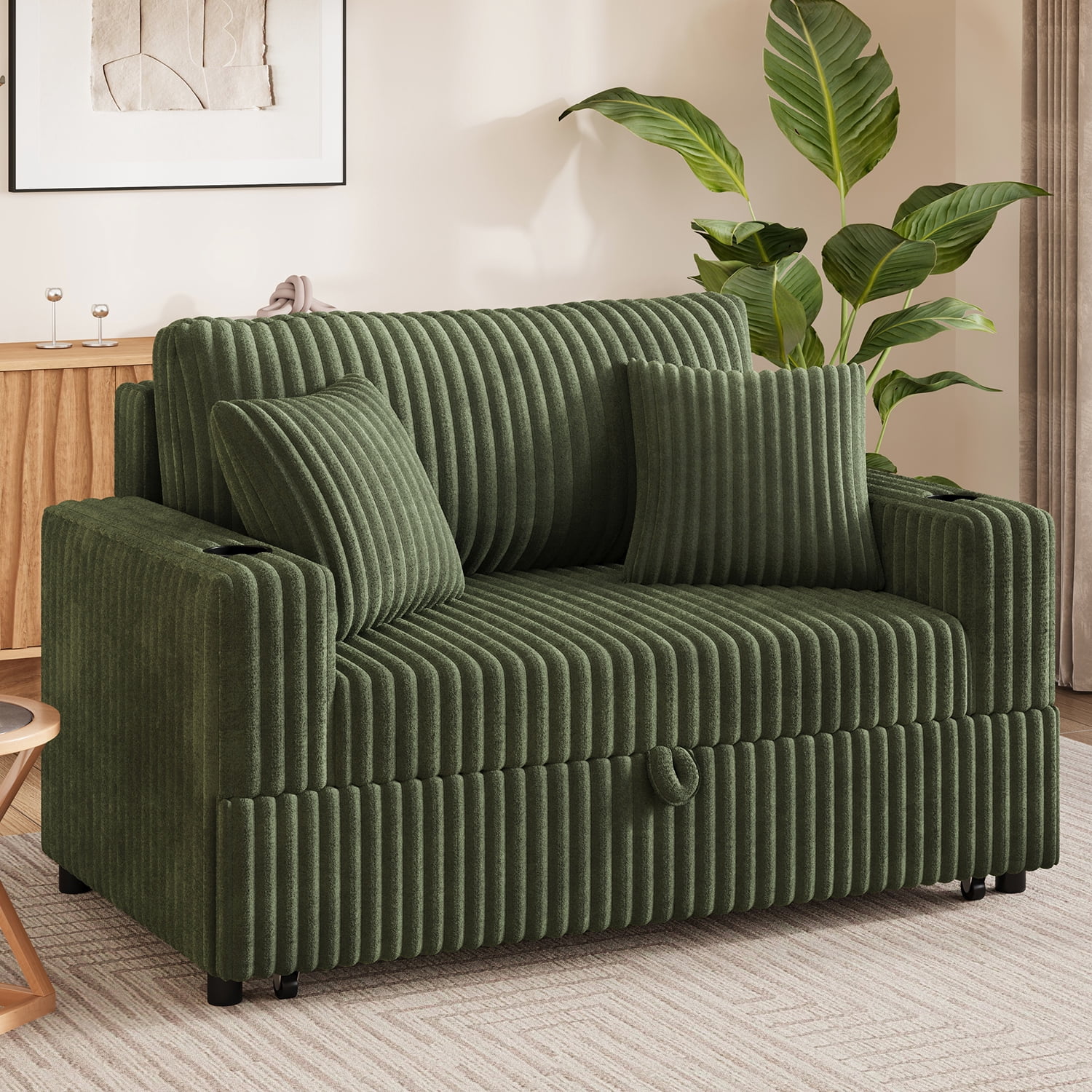 Marrber Green 52” 3-in-1 Convertible Pull-Out Sofa Bed Sleeper Loveseat with Reclining Backrest, Built-in Cup Holders, Pet-Friendly Corduroy Sofa for Small Space