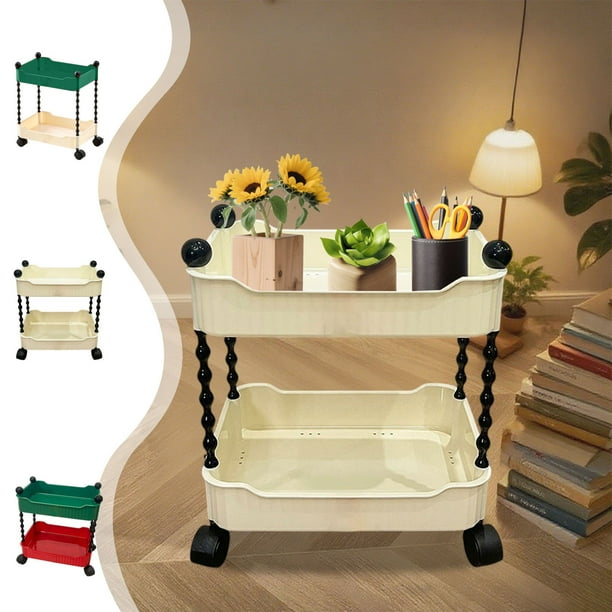 Rack de almacenamiento móvil | Carrito de snacks y frutas de plástico de 2 niveles | Organizador multifuncional con ruedas bloqueables | Estanterías ventiladas para cocina, baño, salón | Diseño