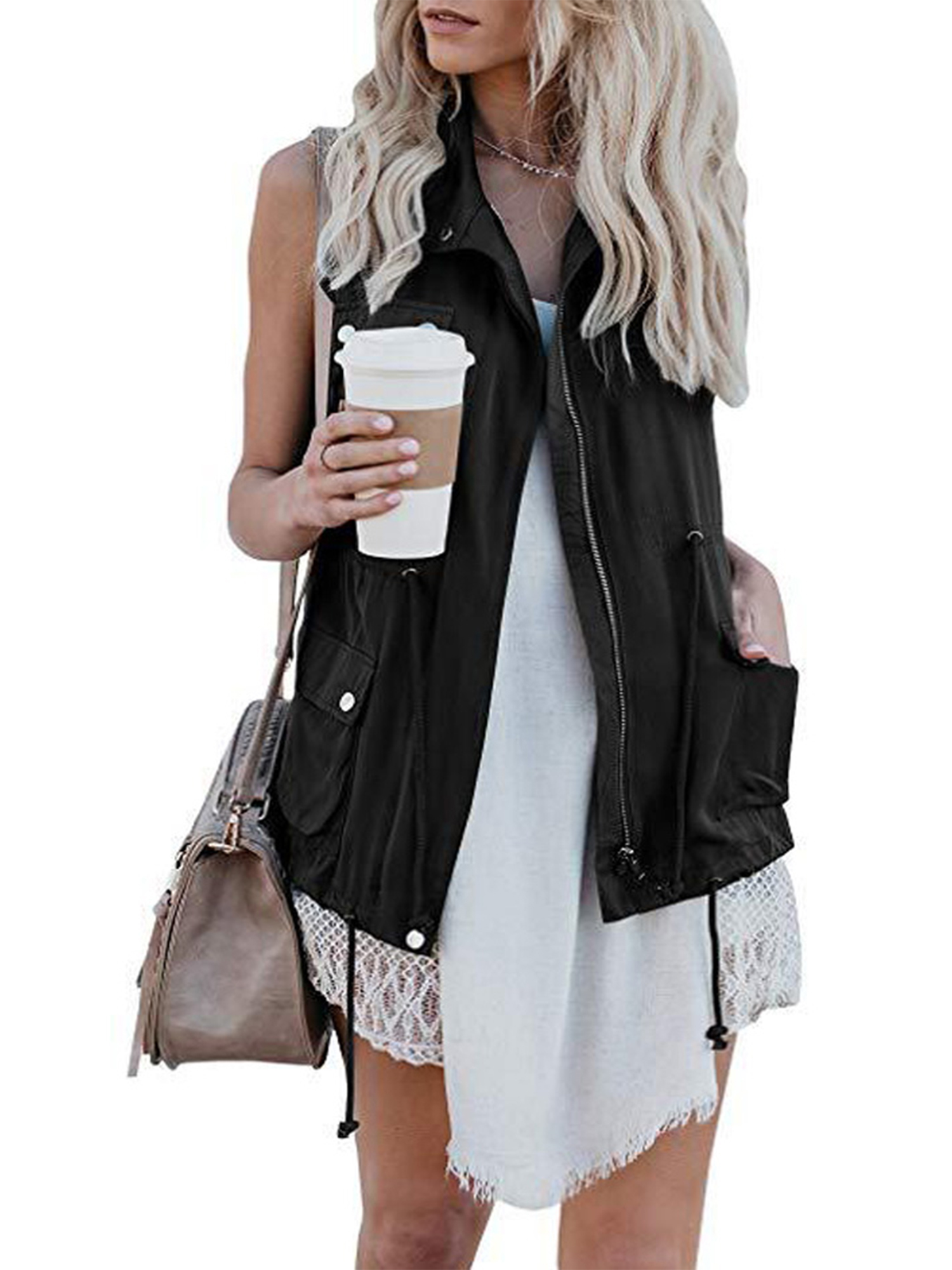 Paille Women Buttons Plain Cargo Jackets Loose Outdoor Jacket Vest Zip