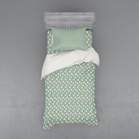 Ambesonne Romantic Bedding Set 3 Pcs, Birds Little Hearts, Twin XL, Jade Green Pale Pink