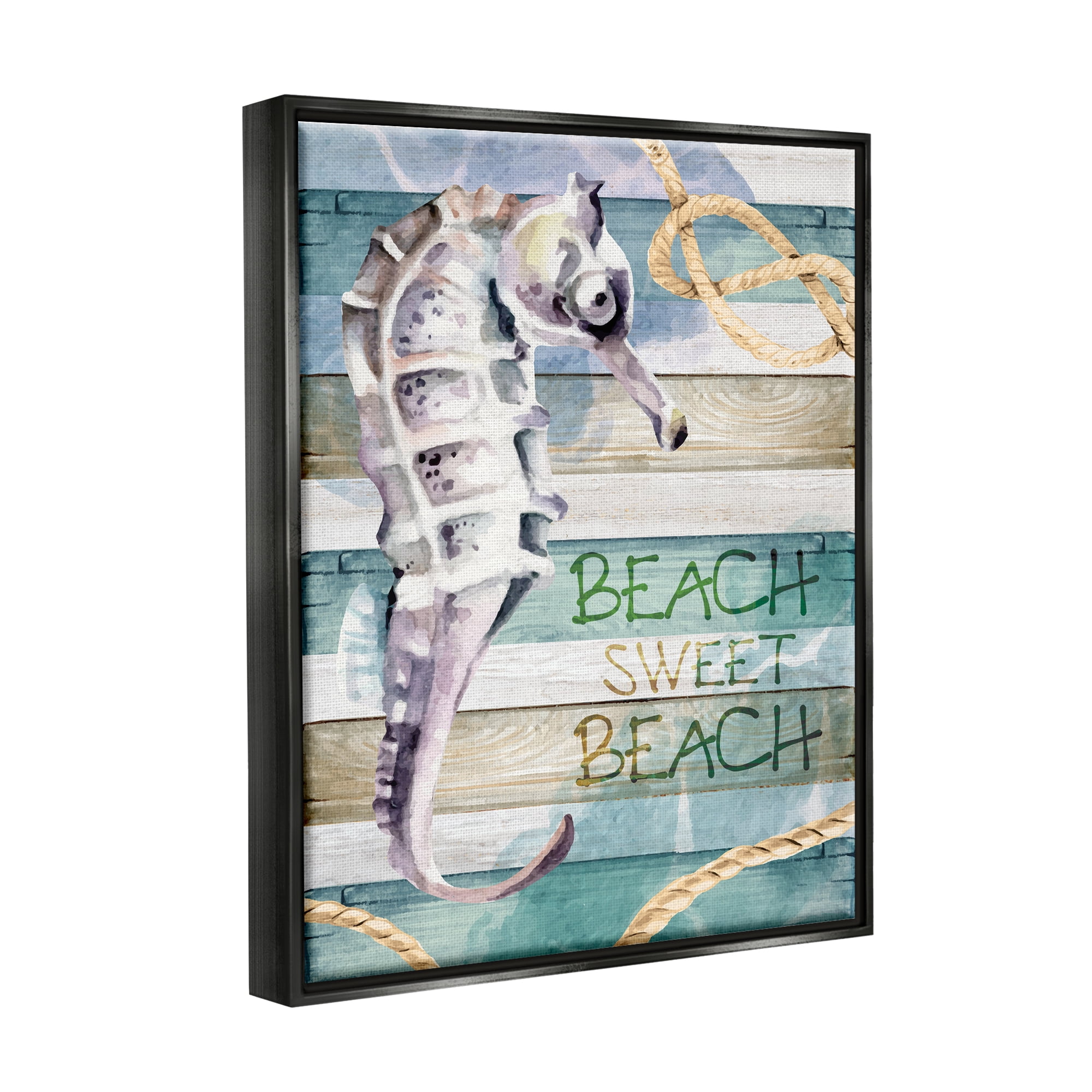 Stupell Sweet Beach Seahorse Nautical Rope Landscape Painting Black Floater Framed Art Print Wall Art