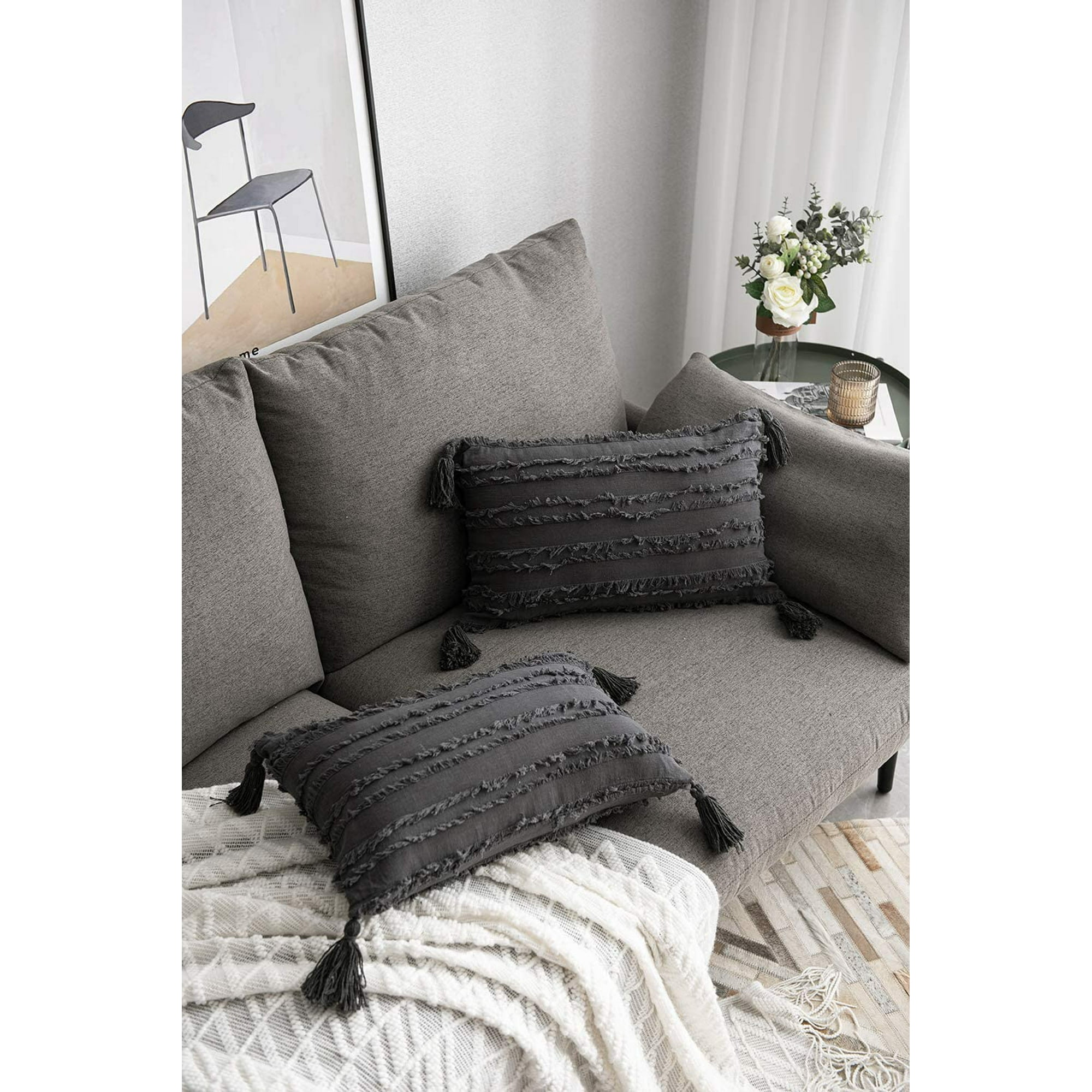 Xycca Grey Decorative Pillow Covers 2 Pack 12x20 Inch Boho Cotton Linen Rectangular Throw Pillow Cases With Tassels For Farmhouse Couch Sofa Chair D