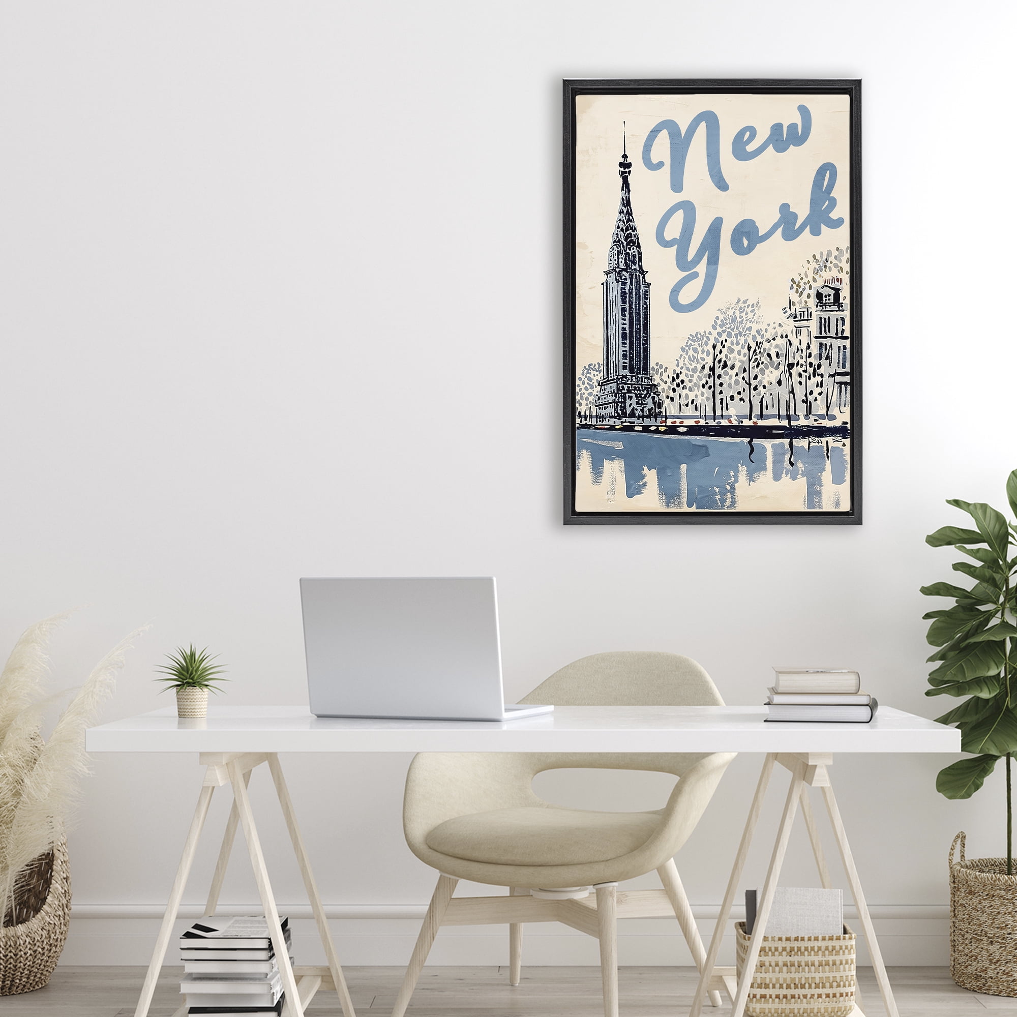 Stupell Industries Blue & Beige New York Travel Black Framed Floater Canvas Wall Art, design by Annabelle Hall