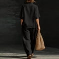 thumbnail image 4 of Domzest Two Piece Linen Sets for Women Short Sleeve V Neck Tunic Top Matching Wide Leg Pants Casual Loose Outfits With Side Pockets Black XL, 4 of 6