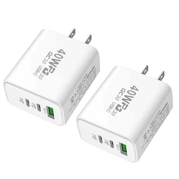 [2-Pack]40W GaN Fast Charger Block, 3-Port Wall Charger,USB Charger Block Multiple Ports Compatible with iPhone 16/15 Series, Galaxy S25/S24 Ultra, and Travel Charger for Multiple Devices(White)