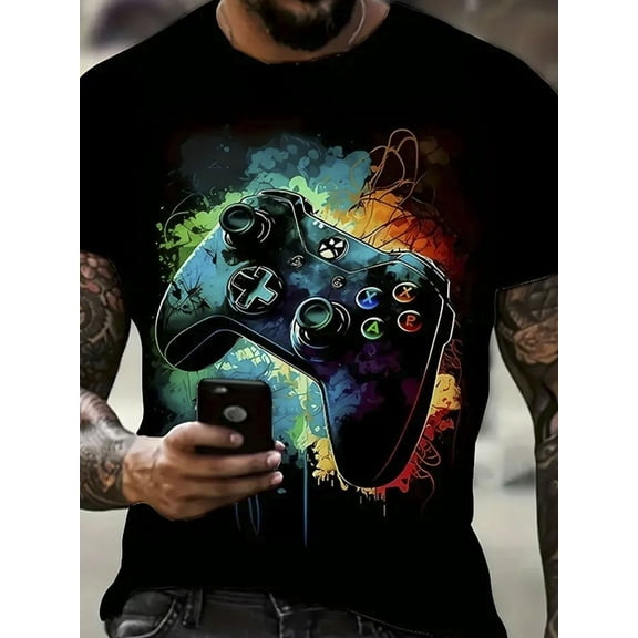 Men's Gaming Controller Graphic T-Shirt - 100% Cotton Loose Fit Casual Short Sleeve Round Neck Tee with Vibrant Print, Machine Washable for Everyday & Outdoor Wear, Gamer T Shirt, Gaming Fan Apparel
