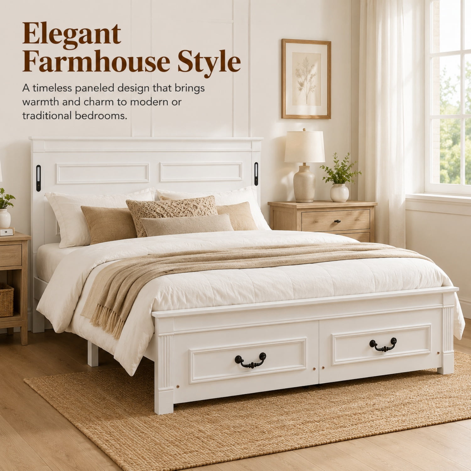 Miniyam Queen Farmhouse Storage Bed Frame with LED Headboard, USB & Type-C Charging, 2 Drawers, White