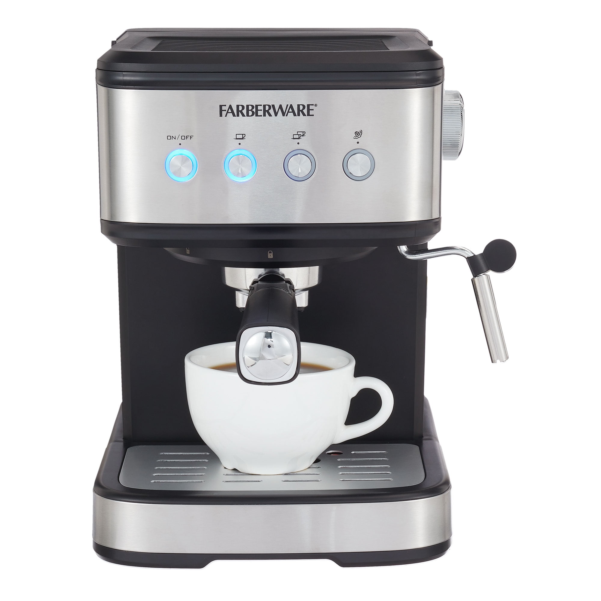 Farberware 1.5L 20 Bar Espresso Maker with Removable Water Tank, Silver and Black, New Condition