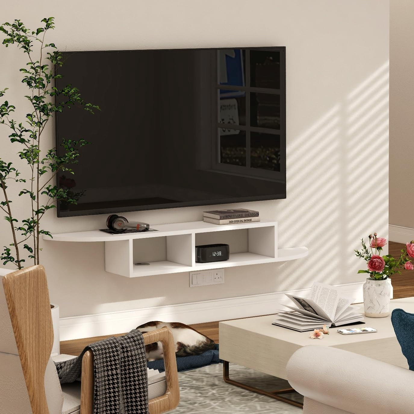Floating TV Stand, Wall Mounted Entertainment Center and Cabinet Shelf, TV Console with Storage, Media Console for DVD Player, Space-Saving Under TV Shelf for Bedroom, Living Room (White)