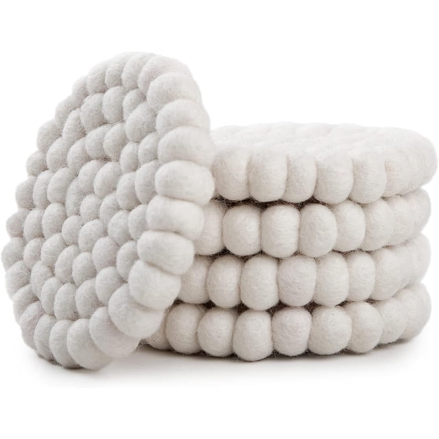 Posavasos redondos de fieltro - Camino de mesa de 100 % lana merino - Posavasos de fieltro, tapetes absorbentes de bebidas - Fieltro hecho a mano resistente al calor, grueso y duradero - Blanco - Jueg