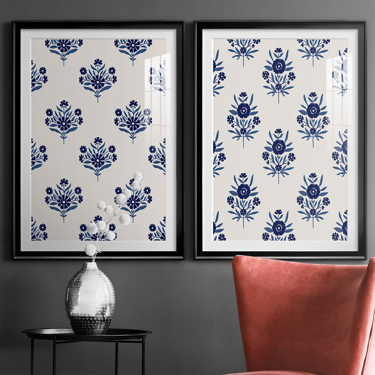 Wexford Home Indigo Bloom Pattern I Premium Framed Print, 18.5" x 24.5" - Ready to Hang, Black (Set of 2)