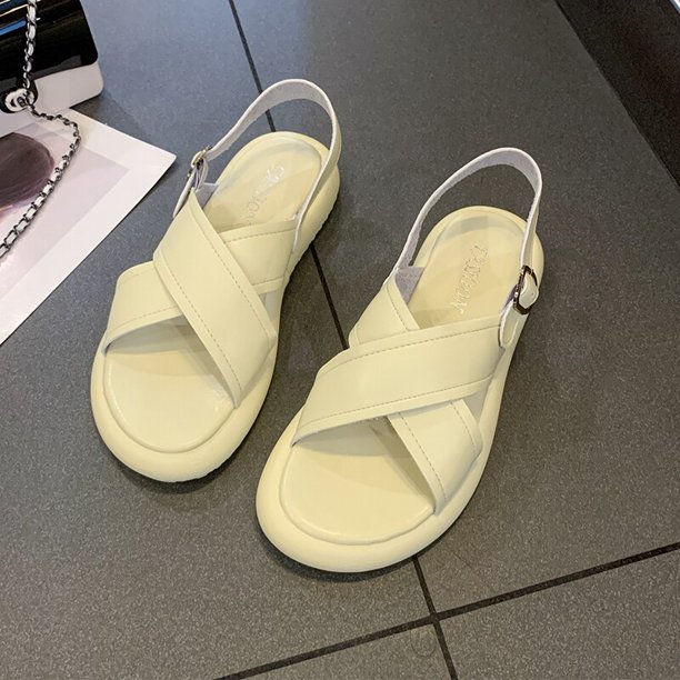 Sandalias planas de cuero suave para mujer, novedad de verano 2022, parte inferior de pastel de esponja, punta abierta, ropa exterior elevada, zapatos romanos de tacón bajo36 Gao Jinjia LED