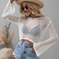 thumbnail image 3 of Defitshape Women's Long Sleeve Crochet Cover Up Shirt Short Knitwear Boat Neck Bell Sleeve See Through Fishnet Cutout Beach Summer Net Knit Crop Top White Medium, 3 of 4