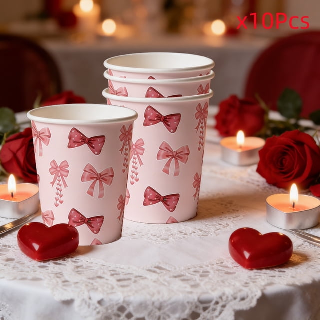 Paquete de 10 vasos desechables de papel con diseño de pajarita | Diseño de lazos de acuarela de colores | Capacidad de 355 ml para baby showers, despedidas de soltera, fiestas de cumpleaños y