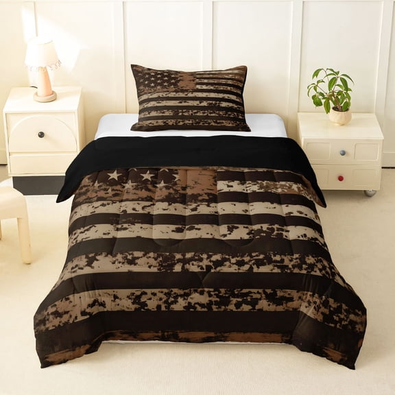 Manfei Retro Camo Usa Flag Twin Comforter Sets,Vintage Stripes Art Bedding Set,Brown,Black Reversible,2pcs,1 Comforter and 1 Pillowcase