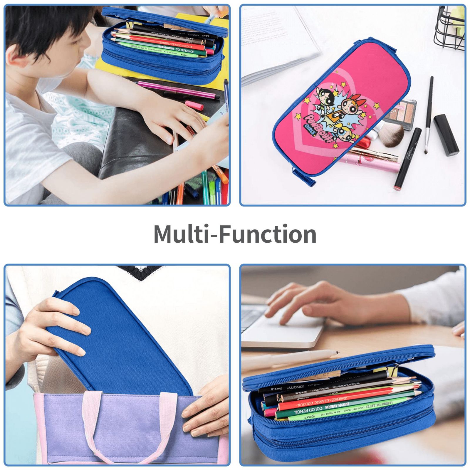 The Powerpuff Gi-rls Pencil Case Large Capacity Pencil Pouch Pen Bag Office Stationery Organizer Travel Makeup Bag Blue