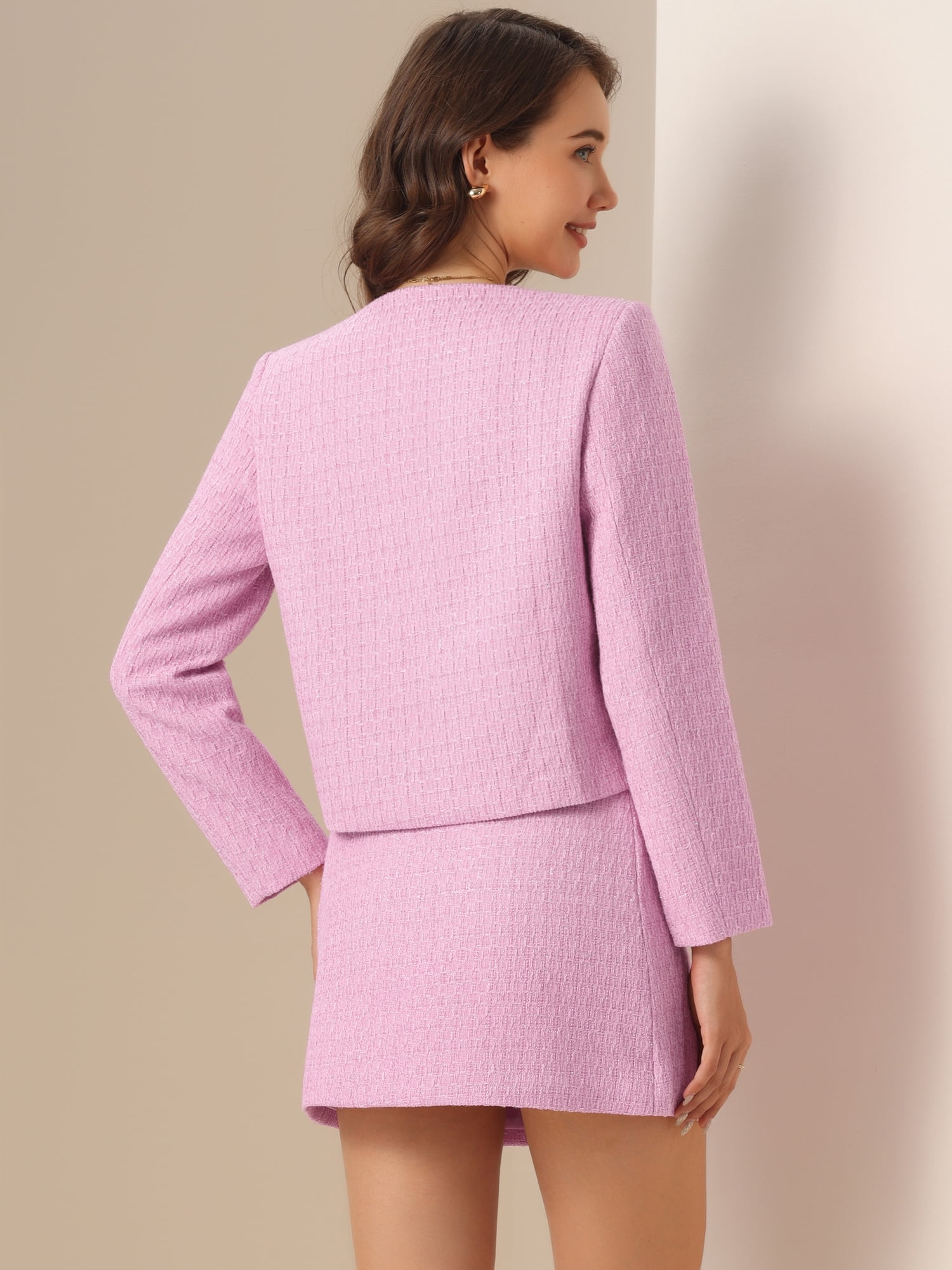 DARING DIVA 2Pcs Women's Elegant Business Blazer Skirt Tweed Suit Set M Pink
