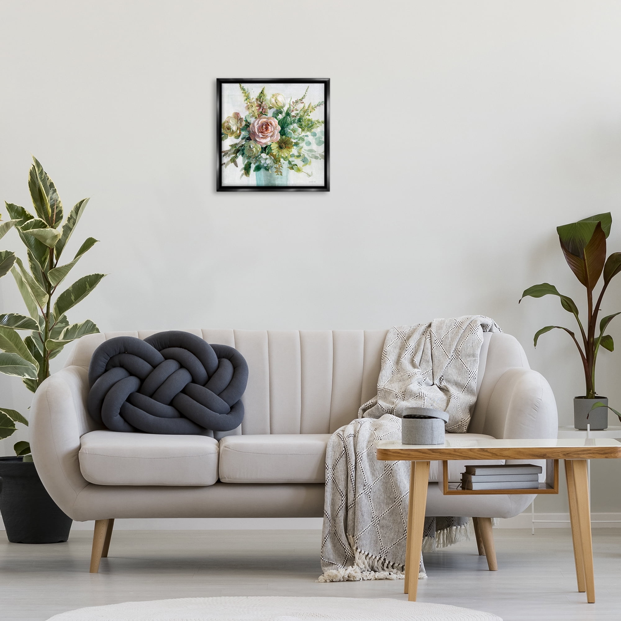 Stupell Industries Sage & Peach Flowers Botanical & Floral Painting Black Floater Framed Art Print Wall Art, 18 x 18