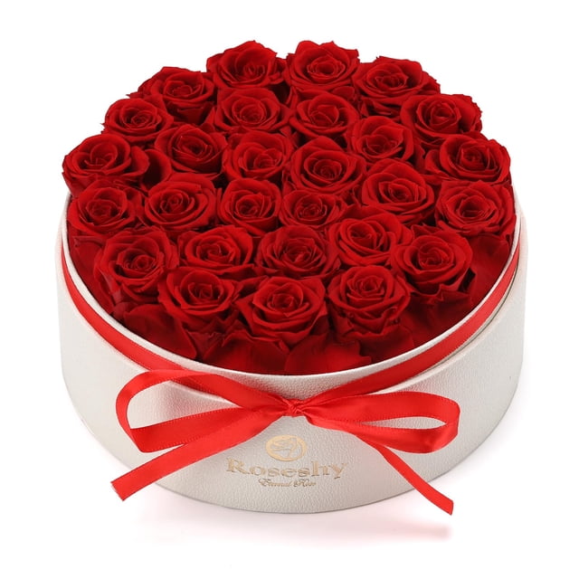 Rosas preservadas de color rojo rosado, 28 unidades en caja de regalo redonda