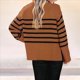 thumbnail image 5 of Suéter de Punto A Rayas de Gran Tamaño para Mujer, Ropa de Moda de Otoño 2025, Cuello Redondo, Suéter de Invierno con Abertura Lateral Marrón Oscuro M, 5 of 6