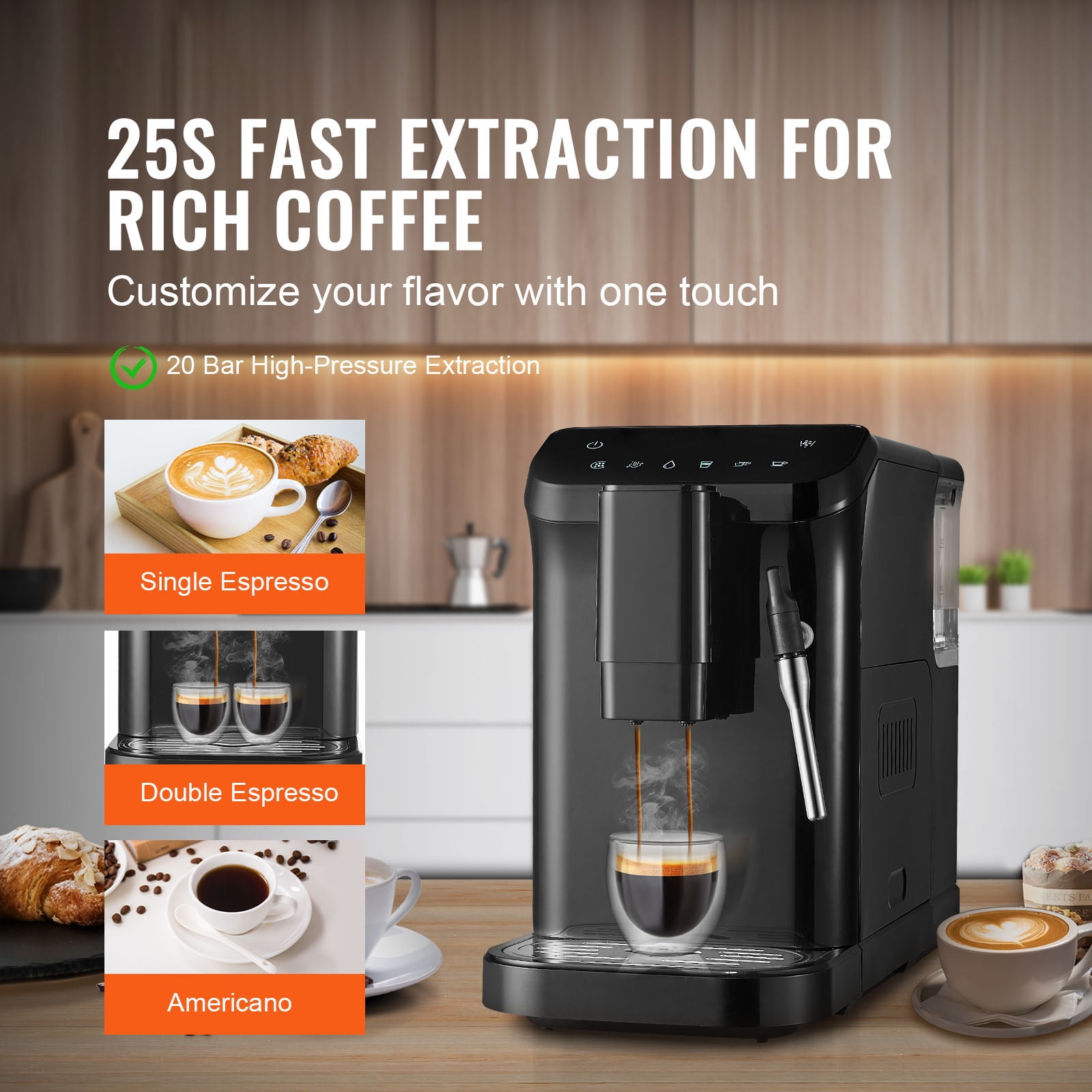 KFFKFF Automatic Espresso Machine with 20 Bar Pressure, Coffee Maker Featuring Steam Wand, Integrated Grinder with 15 Adjustable Settings, and 1.5L Water Reservoir for Professional Brewing