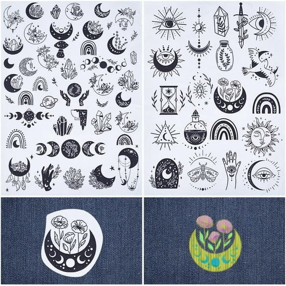 60 Pcs Moon Phase Sun Water Soluble Embroidery Stabilizers Tarot Magic Hand Sewing Stick and Stitch Transfers Paper Wash Away Pre-Printed Self Adhesive Patterns DIY for Cloth Sewing Lovers