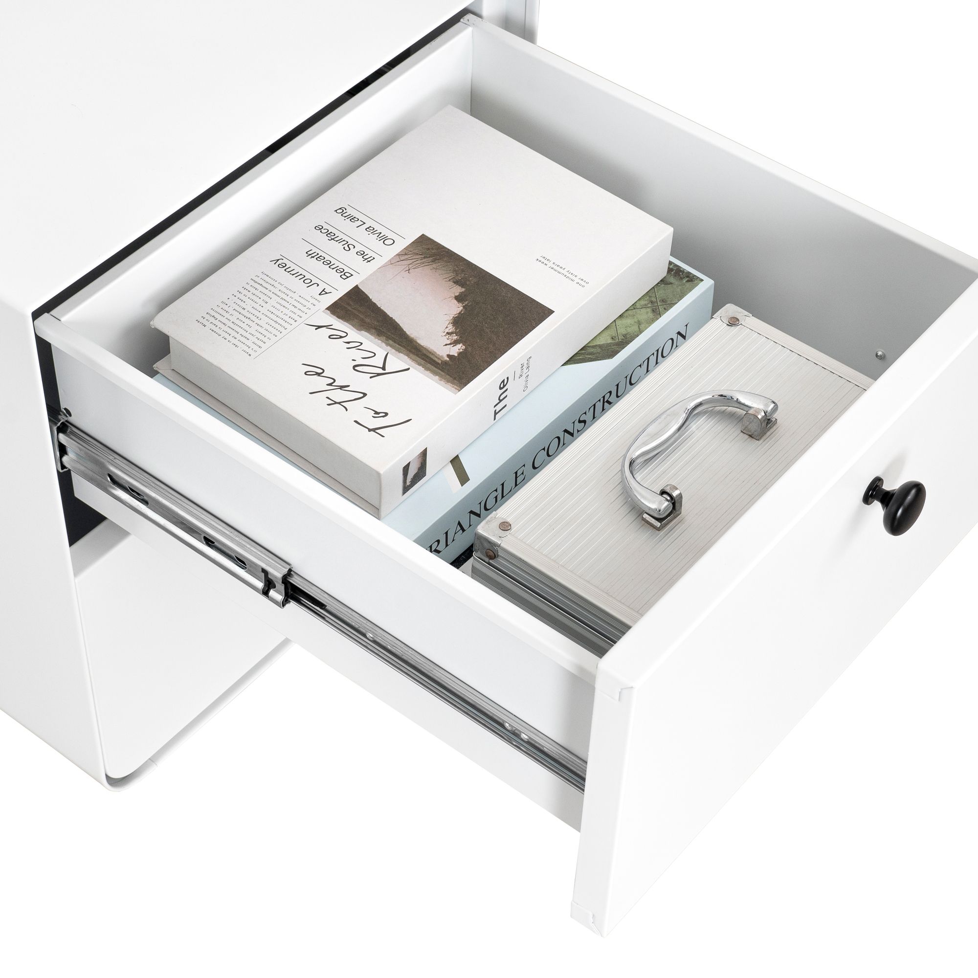 DEALTOPS Modern Steel Nightstand with 2 Storage Drawers and Adjustable Feet, Bedside Storage Cabinet with Circular Handles for Bedroom- White